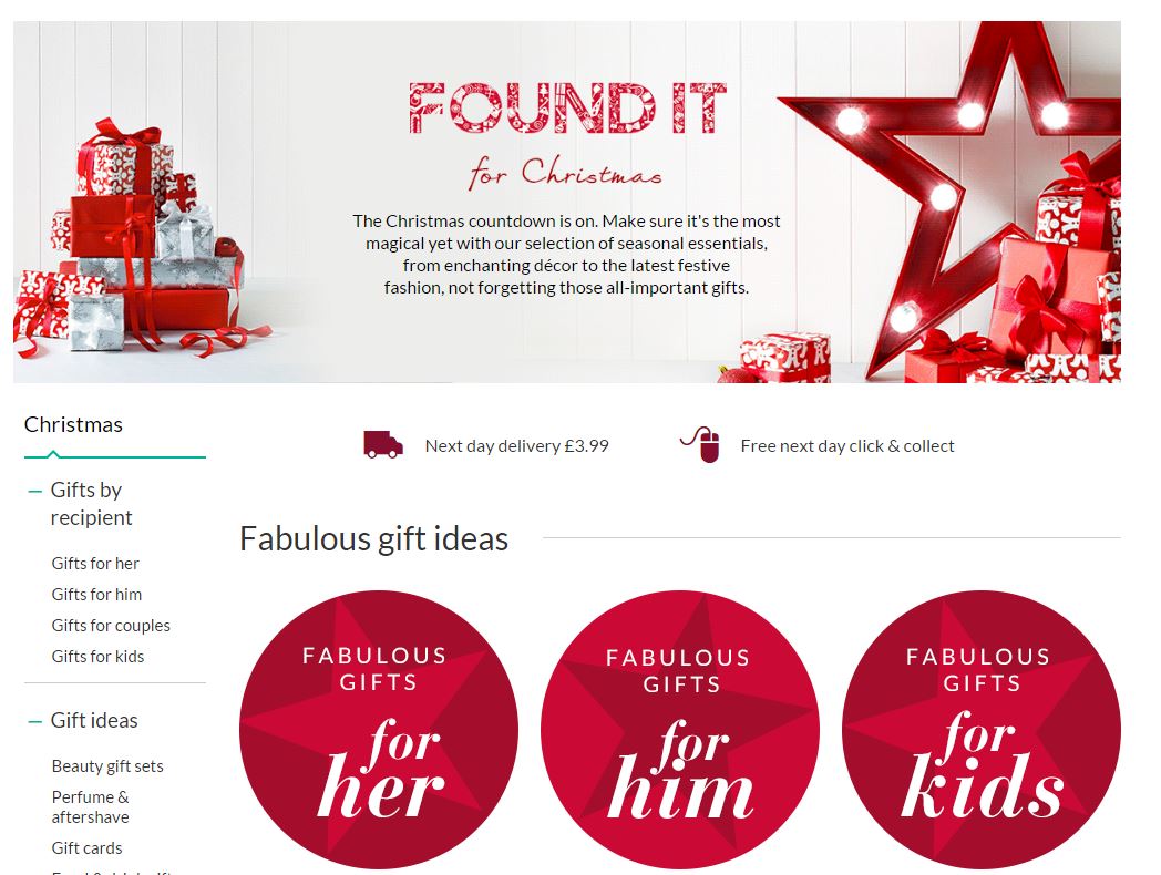 Debenhams also promote their Gift Cards prominently on their Christmas ...