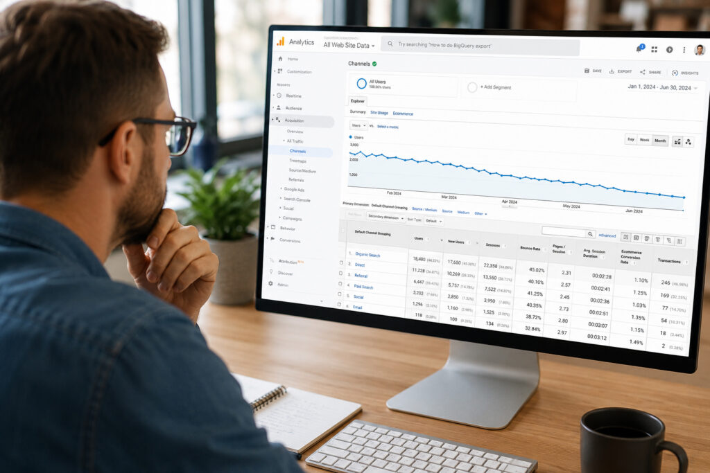 Man looking at Google Analytics screen showing drop off